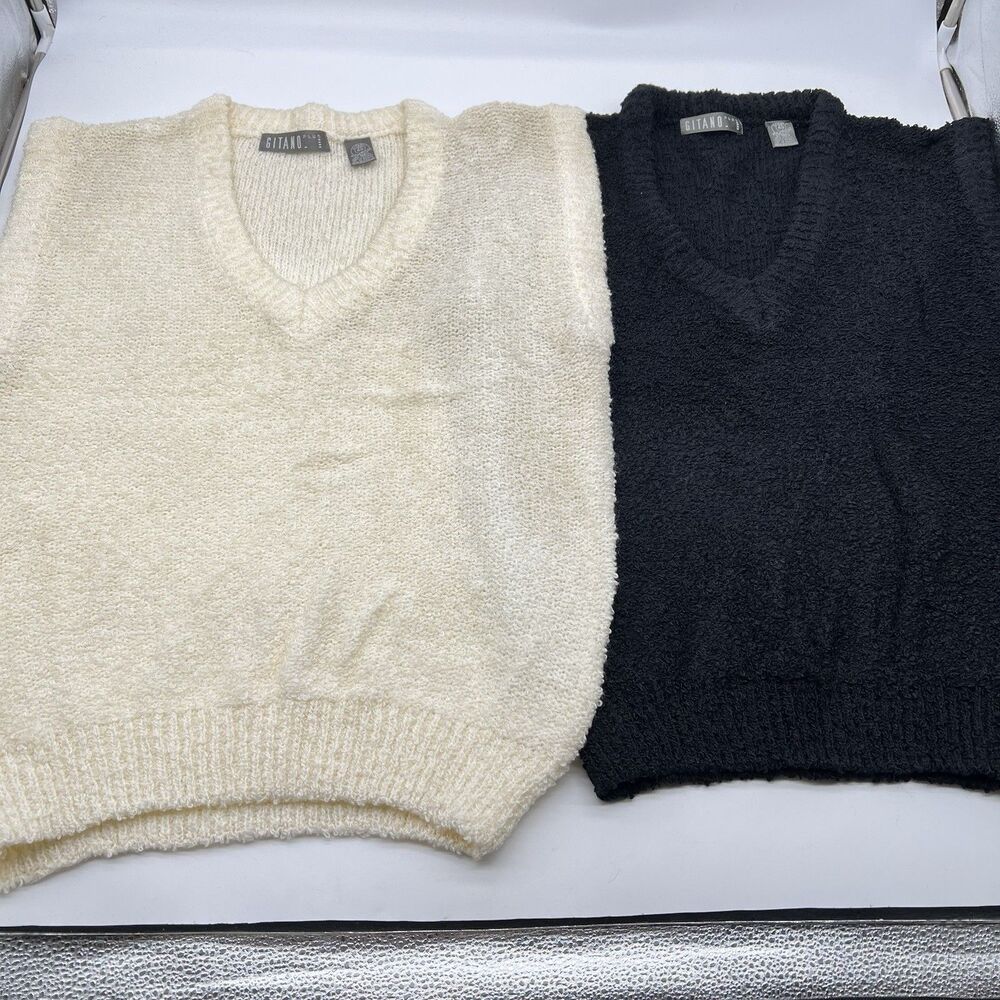 Lot of 2 VTG Gitano Plus Boucle Knit V-Nick Sweater Vests in Black & White-Sz 40
